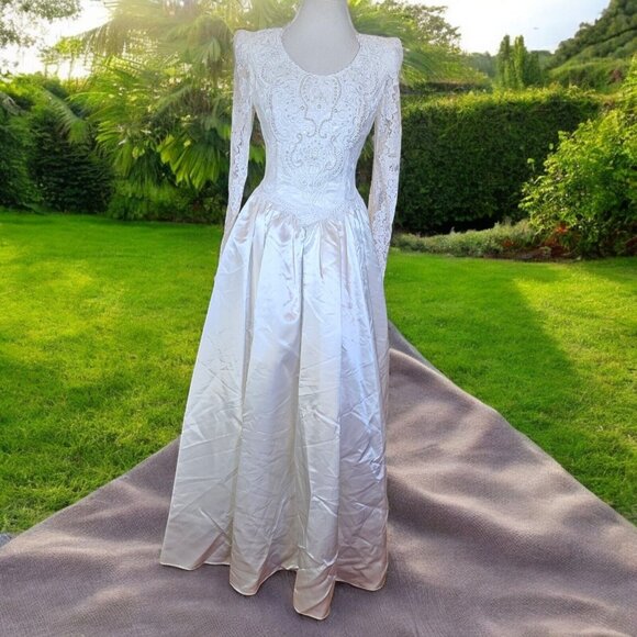 Jessica Mcclintock 90s White Wedding Dress Lace Embellished Long Sleeve Size 7/8 - Picture 2 of 16